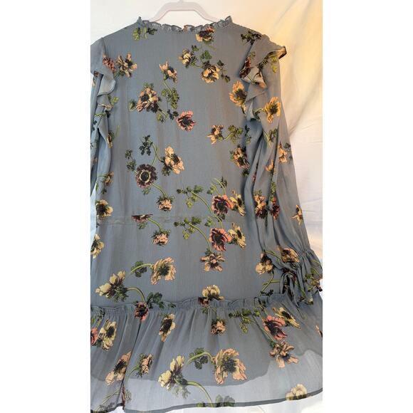 Paige Silk Floral Mini Dress Blue Long Sleeve Ruffle Sheer Button Front Lg - Picture 3 of 8
